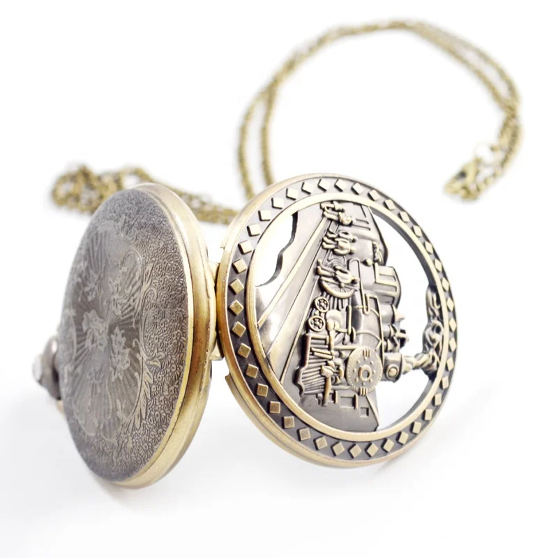 Hollow Train Design Retro Classic Collection Gift Custom Memorial  Nostalgic Flip  Old Vintage Necklace Pocket Watch with Chain