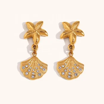 Dingran Trendy Design Stainless Steel Gold Plated Starfish & Seashell Patchwork Zircon Drop Earrings