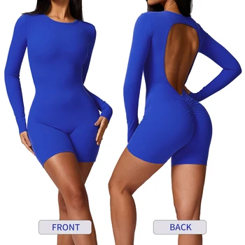 AQ8695ZC Women's Yoga Rompers One Piece Quick Dry Long Sleeves Jumpsuit Sexy Hollow Back Dancing Activewear Casual Bodysuit