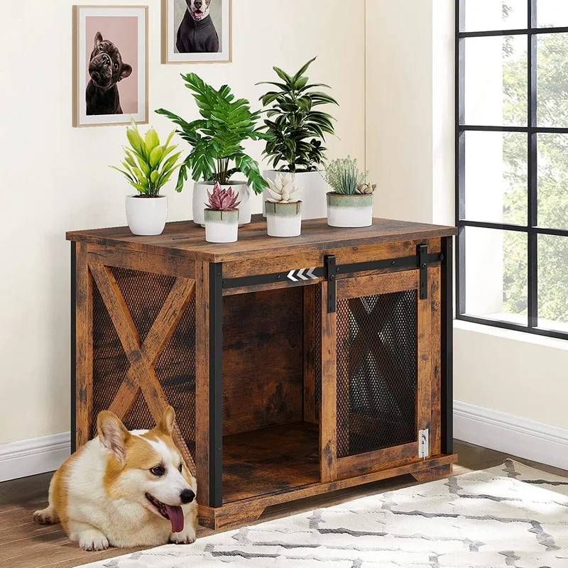 Rhetech Furniture Style Dog Crate End Table Double Doors Wooden Wire