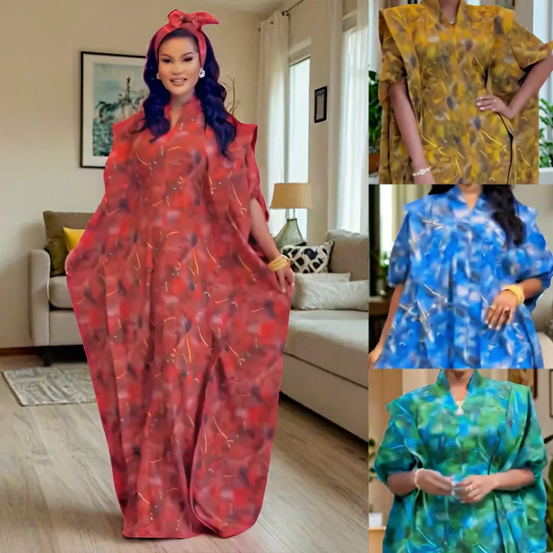 Abito Lungo Maxi Donna Africano Ankara Dashiki, Stile Musulmano Dubai Caftano Con Perline, Floreale
