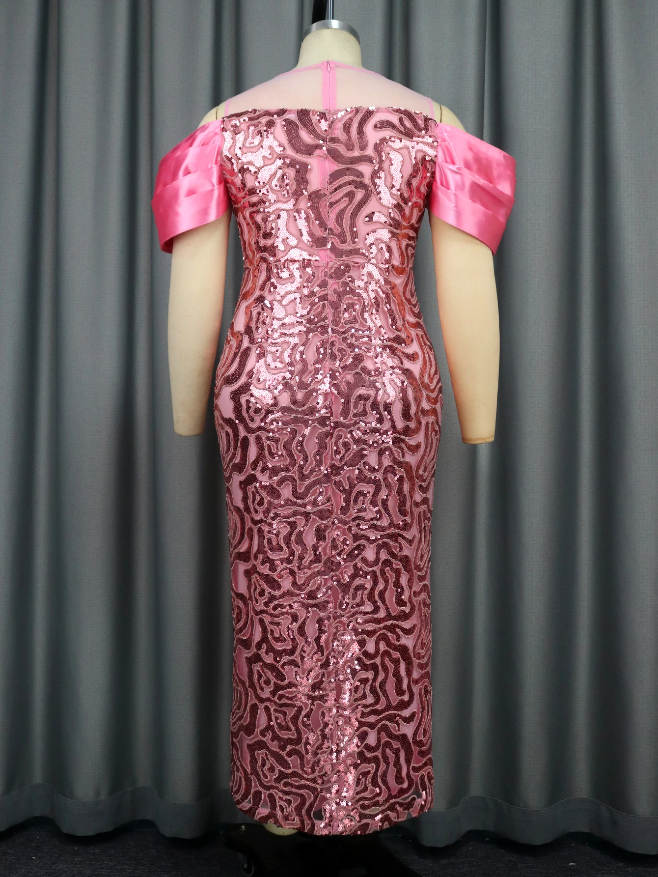 Cold Shoulder Mesh Satin Sleeves Women Pink Sequin Glitter Maxi Evening  Dress