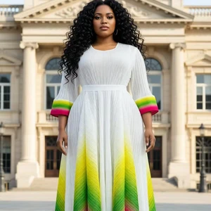 Plus Size Women's White Pleated Gradient Color Church Dress 3/4 Sleeve Formal Occasion Maxi Gown with Contrast Cuffs