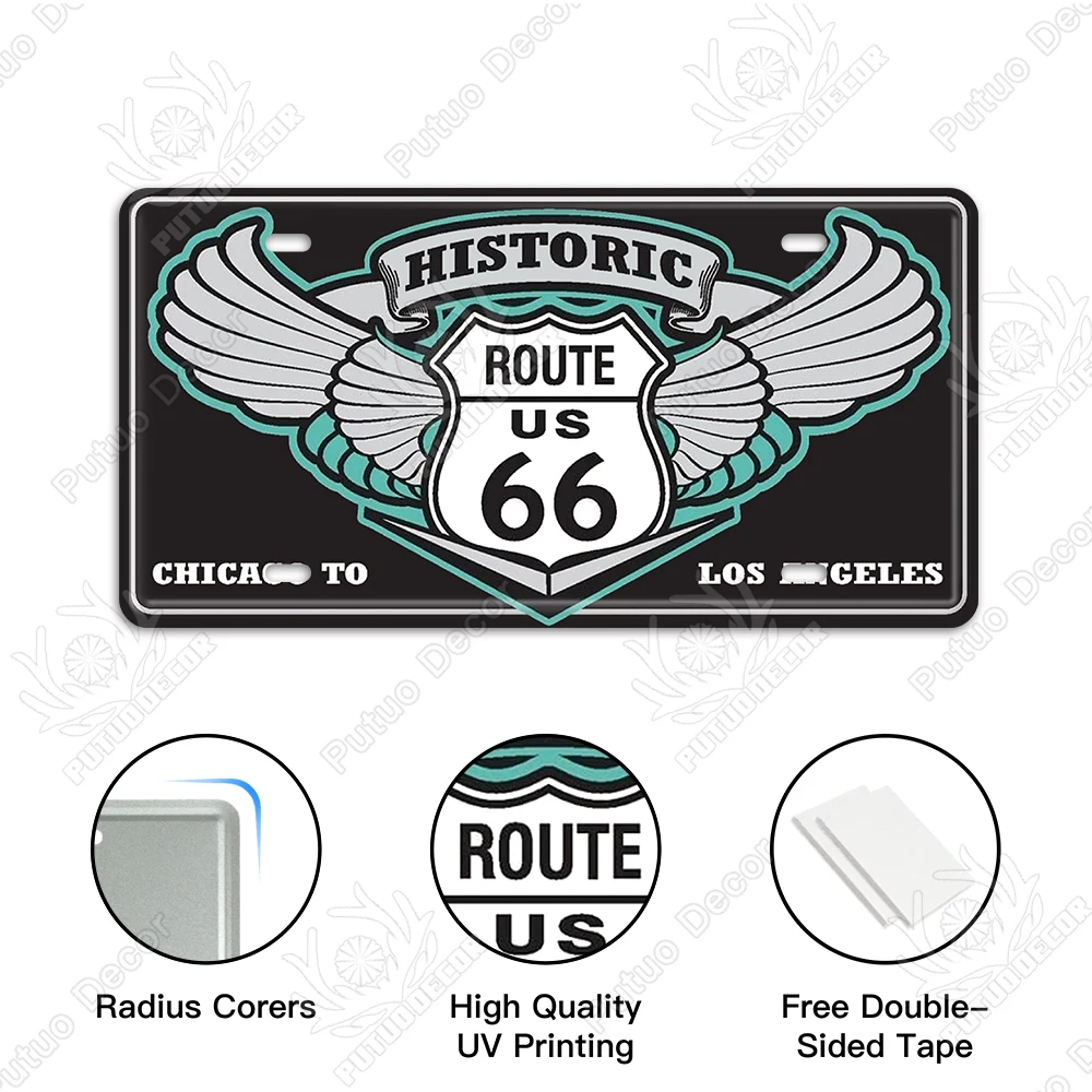 Route 66 Car License Plate Metal Sign - Vintage Garage Decor