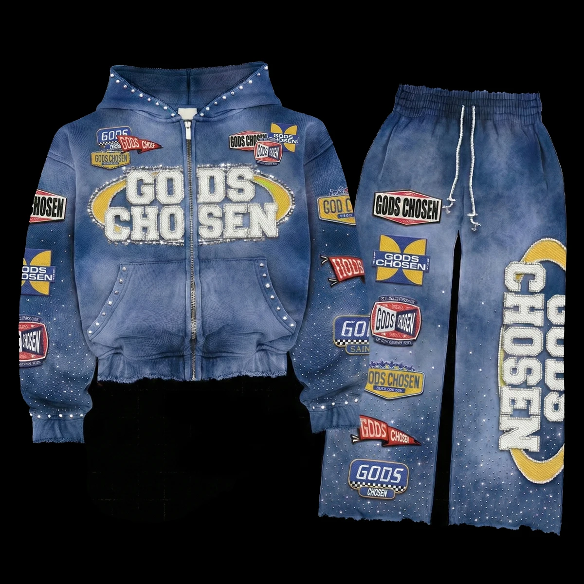 Custom  Embroidery Patch Rhinestone Zip up Hoodies and Sweatpants Vintage Cotton Sun Faded Tracksuit Graphic Acid Wash Hoodie