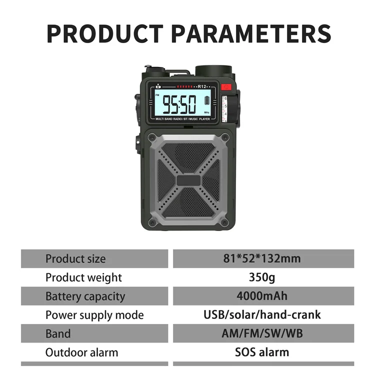 Portable Weather Alert AM/FM/SW/WB Pocket Radio Receiver Solar Power Bank Waterproof 4000mAh Rechargeable Hand Crank Retro Radio