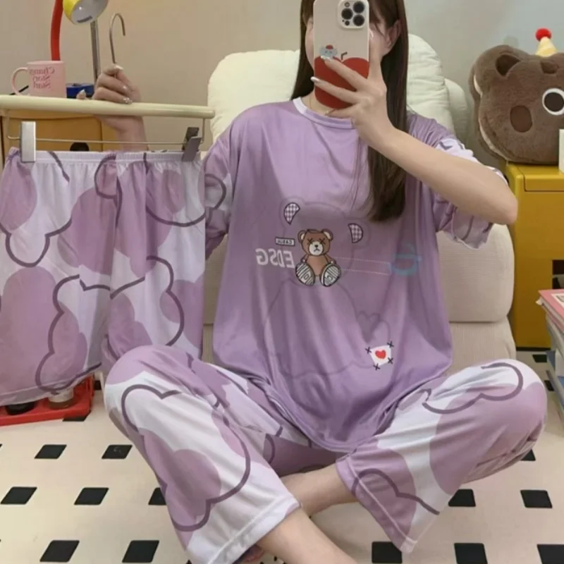 Women's 3 In1 Pajamas Cheap Short Sleeve Pant Shorts 3 Pieces Set Sleepwear Korean Soft Home Nightwear Cartoons Baju Tidur