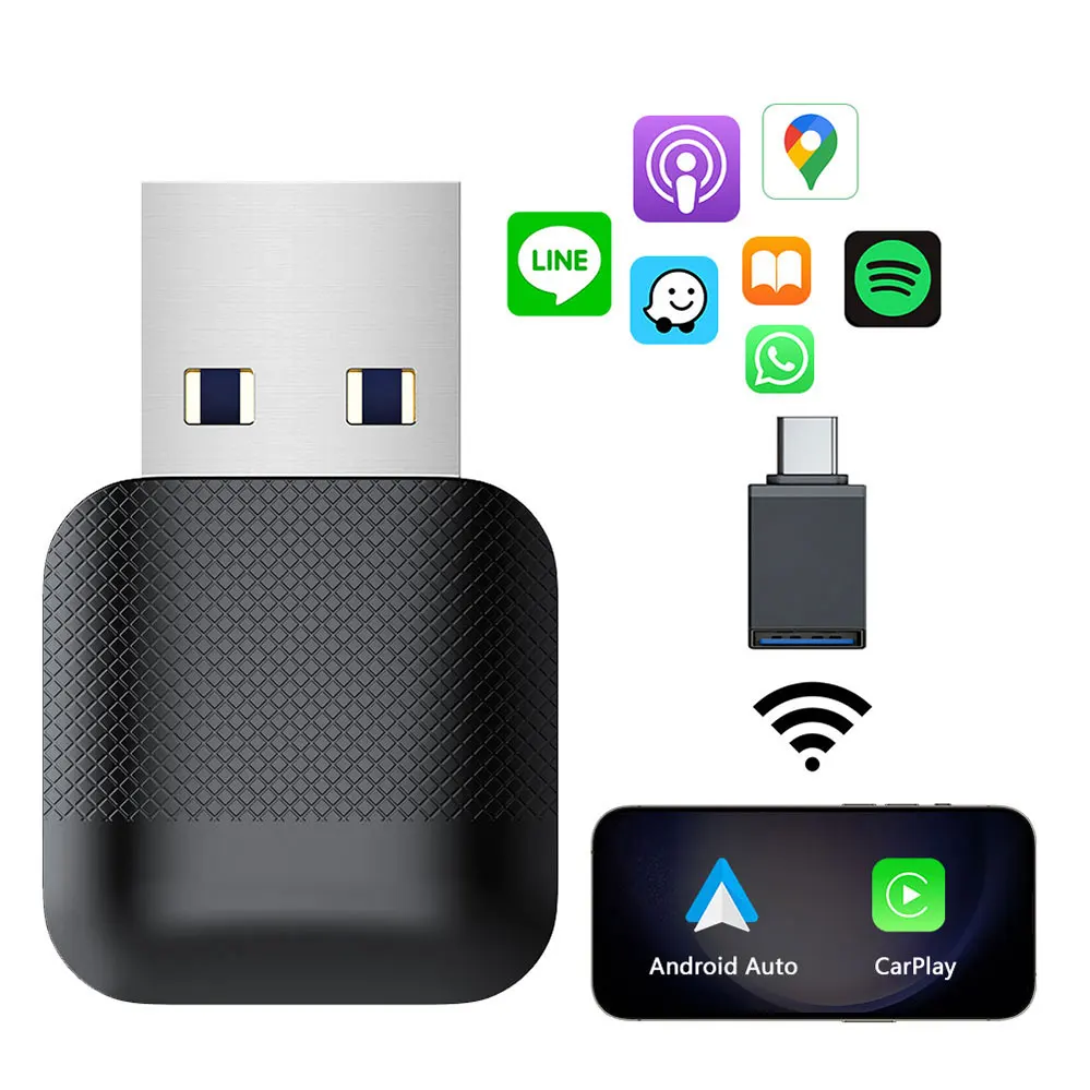 Aototeck Carplay en Android Draadloze adapter voor in de auto, 2-in-1 Carplay en Android Auto draadloze dongle-adapter, Carplay en Android Auto Bluetooth-adapter voor in de auto, plug & play