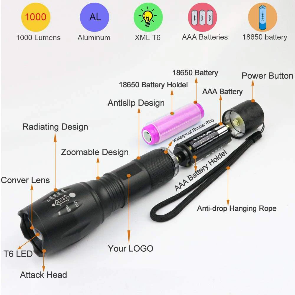 LED Flashlight Zoomable Dimming XML T6 Flashlight Tactical For Hunting supplier