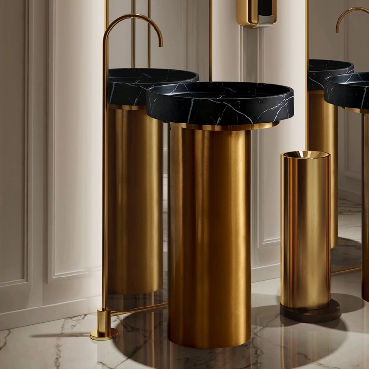 Italy Low-key Luxury Golden 304 Stainless Steel Pedestal with Black Marbke Wash Basin Bathroom Basin Sink  for Hotel Bathroom