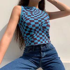 Summer Plaid Y2K Knit Crop Top Streetwear Sleeveless Fashion Sexy Short Vest Casual Women Tank Tops