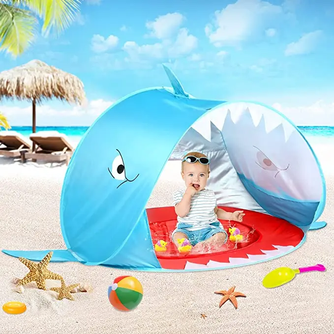 Beach Tent with Pool Pop Up Shade Tent for Infant Baby Beach Sun Shade Pool with UV Protection Shark Shape details