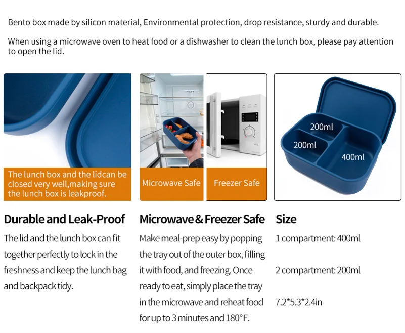 Portable Bento Lunch Box With Bamboo Wood Lid 3 Compartment Silicone Custom Lunch Box Warmer