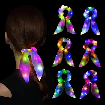 Led Light Up Scrunchies Glow In Darkness Yarn Elastic Hair Tie Bands Easy Scrunchies For Women Girls Halloween Christmas Party