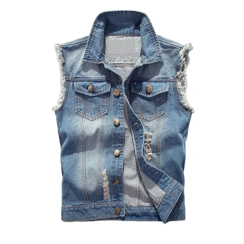 Własna produkcja, kamizelka z denimu, z kołnierzem, bezrękawowa, dopasowana, retro, podarta, luźna, kamizelka na wielokrotne kieszenie, kamizelka robocza