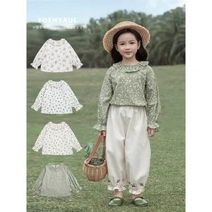 YOEHYAUL C2964 100% Cotton Floral Print Girls Shirts Long Sleeve Spring Autumn Elegant Sweet Baby Girl Shirts for Children