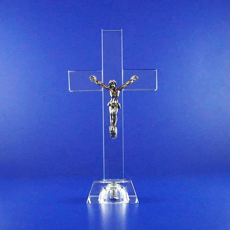 MH-S012イエスクライストクリアクリスタルガラス十字架置物磨かれた