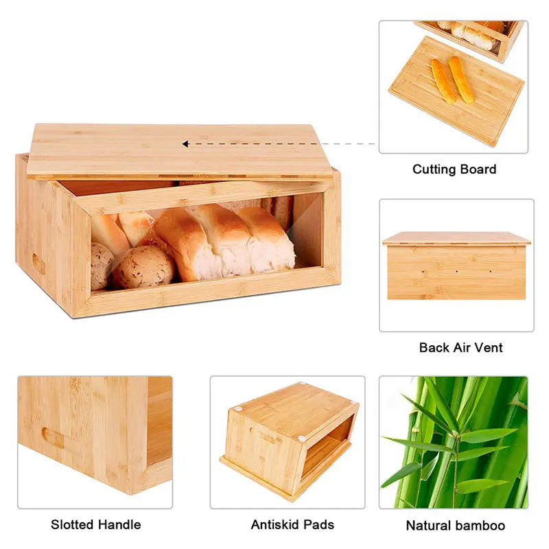 DS2676 Bread Storage Organizer for Kitchen Countertop with Clear Window Bamboo Bread Box Sandwich Container Solid Wood Bread Box