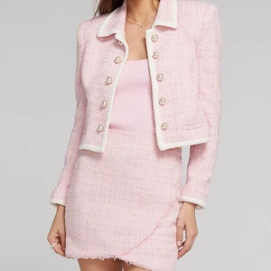 Custom High Quality  Women's Pink and White Tweed Blazer Pencil Skirt Two Piece Set With Gold Buttons Tweed Sets