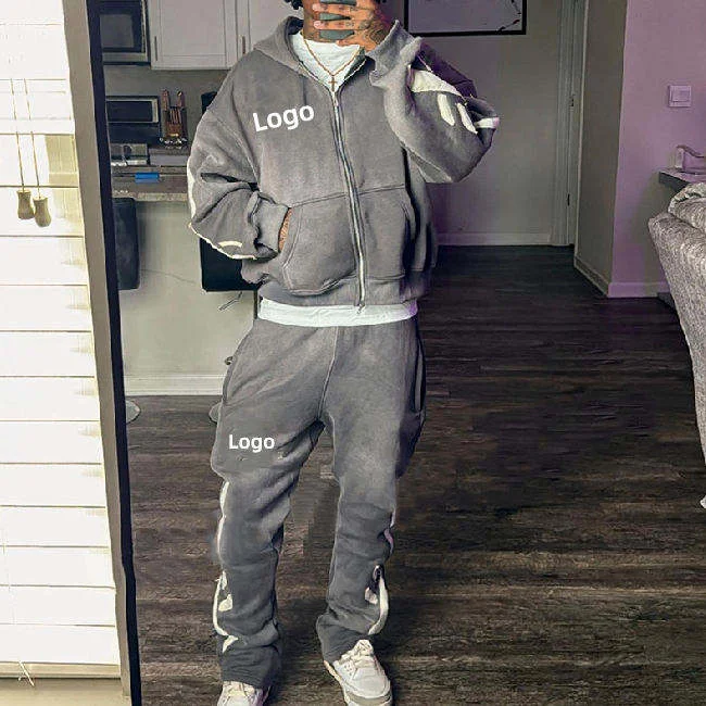 SALATI Custom High Quality Cotton Tracksuits French Terry Flared Sweatpants and Hoodie Men Streetwear Acid Wash Sweatsuit Set gallery 3
