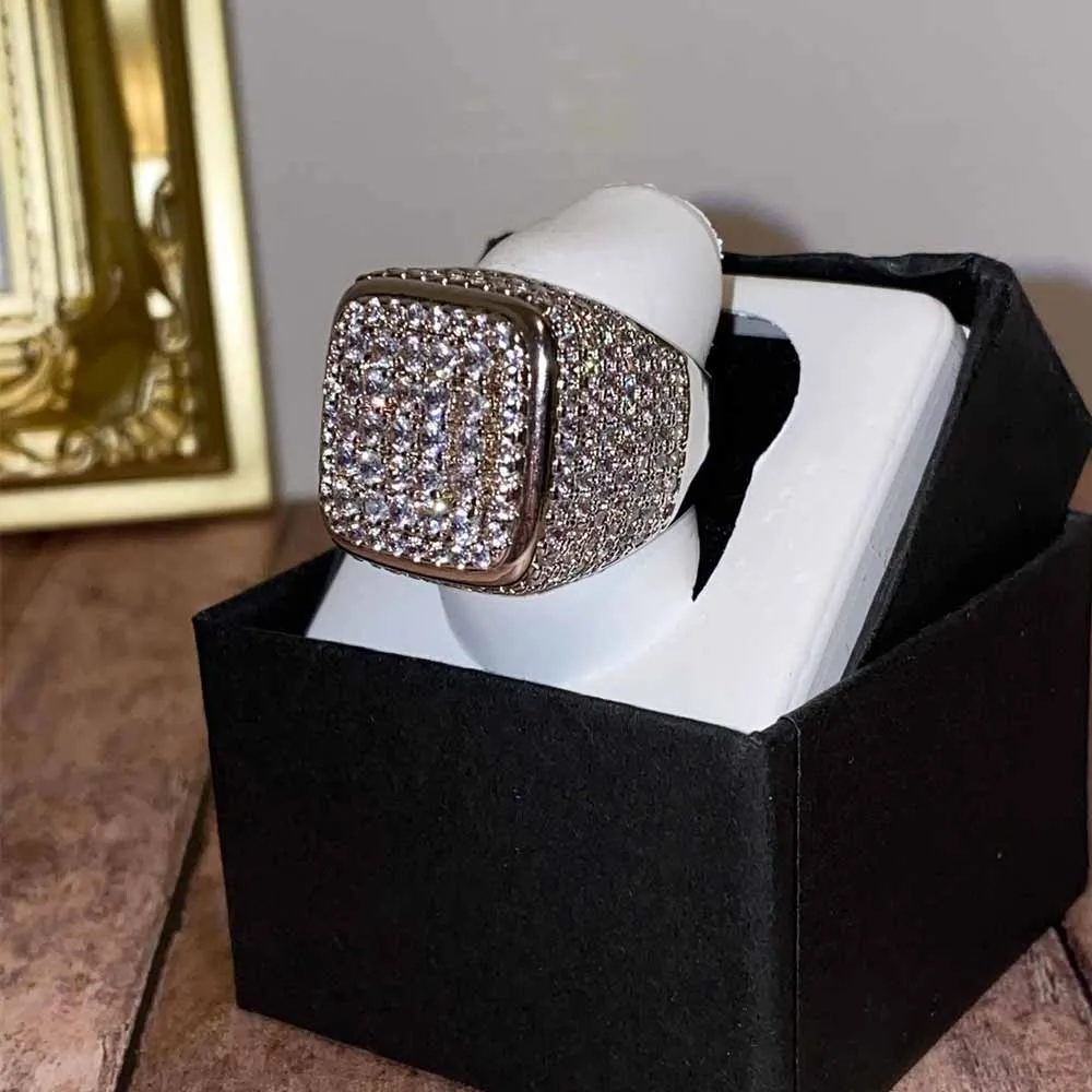 Fashion Silver Gold Plated Clear Zircon Cz Iced Out Hip Hop Jewelry Ring