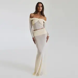 Summer Mesh Double Layer Women Off-shoulder Sheer Long Sleeve Crop Tops and Long Skirt Sexy Slim Party Two Piece Sets