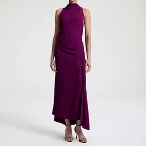 ZYHT 73974 Woven Crepe Purple Green Brown Burgundy Halter Ruched Pleat Waist Maxi Women Office Casual Dress