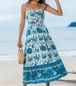 Elegant Blue Floral Print Long Strap Dress