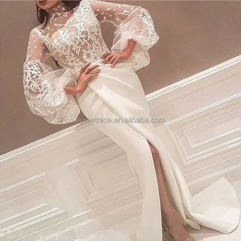 Factory wholesale white muslim evening mermaid long dresshigh collar embroidered pattern