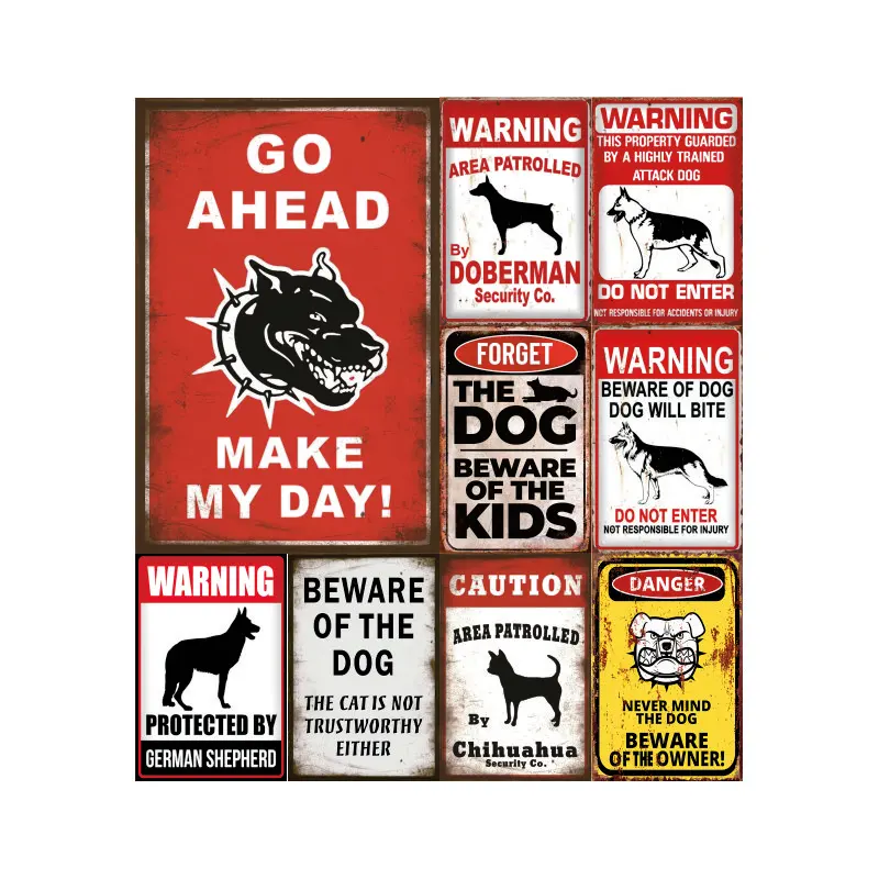 Warning Beware of Dog Vintage Metal Sign - No Dog Allowed