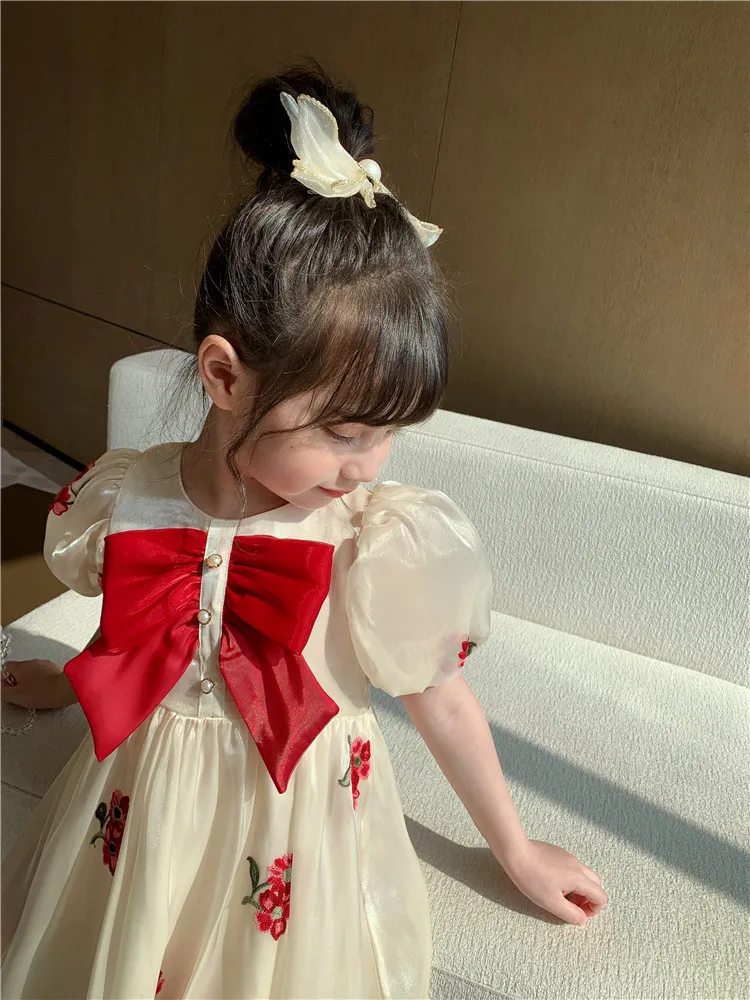 Latest Dress Designs Short Puff Sleeve Girls Fancy Frocks Embroidery Summer Dress for Children