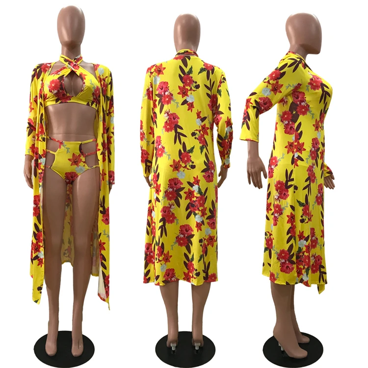 Wholesale Swimwear Sexy Bikini 3 Piece Set Plus Size Flower Print Summer Women Swimsuit
