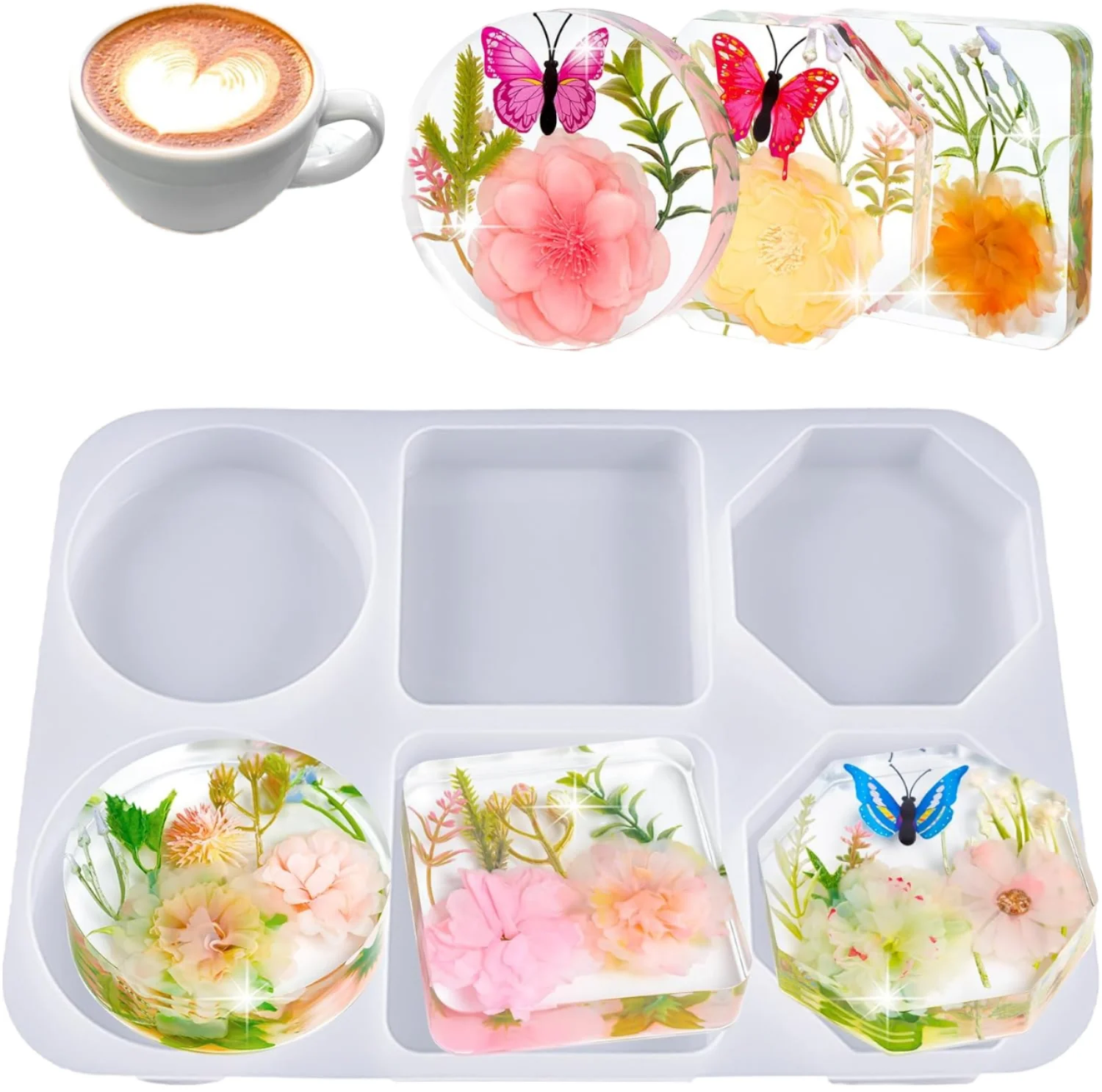 Multi-Shape Silicone Resin Coaster Mold,  DIY Crystal Epoxy Mould, Reusable Food-Grade Silicone Tool for Craft & Home Decor details