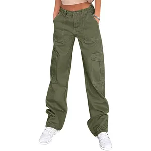New Arrival Eco-Friendly Breathable Canvas Cargo Pants for Women Mid Waist Straight Stretchy Wide Leg Y2K Streetwear 6 Pockets