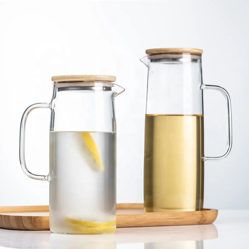 1000ml 1300ml Glass Water Pitcher Round High Borosilicate Glass Pitcher Set with Bamboo Wooden Lid Glass Water Pitcher