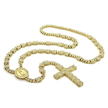 14k gold finished iced out mens rosary chain hip hop rosary necklace