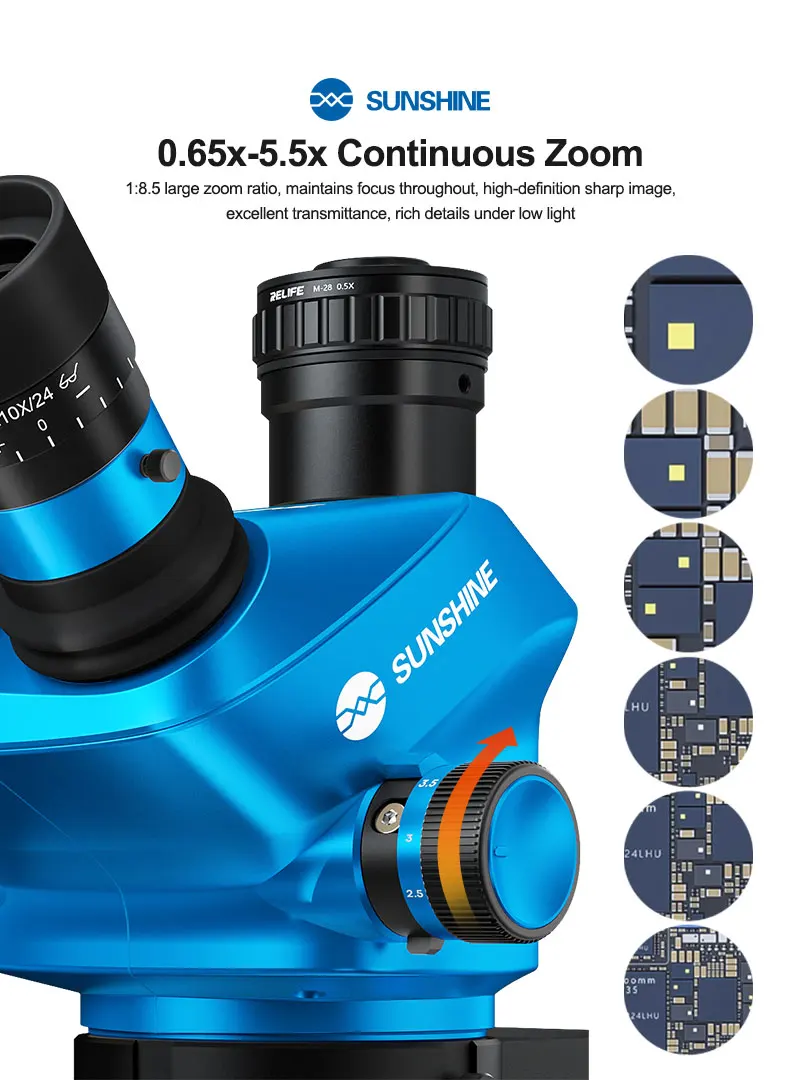 Microscope électronique SUNSHINE 71 Ultra Trinocular à zoom continu et fixe pour la réparation de téléphones mobiles et de bijoux