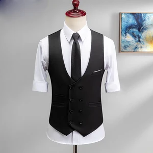 Customizable 2-Piece Set of Men's Slim Fit Double-Breasted Vest and Pant Formal Breathable Style