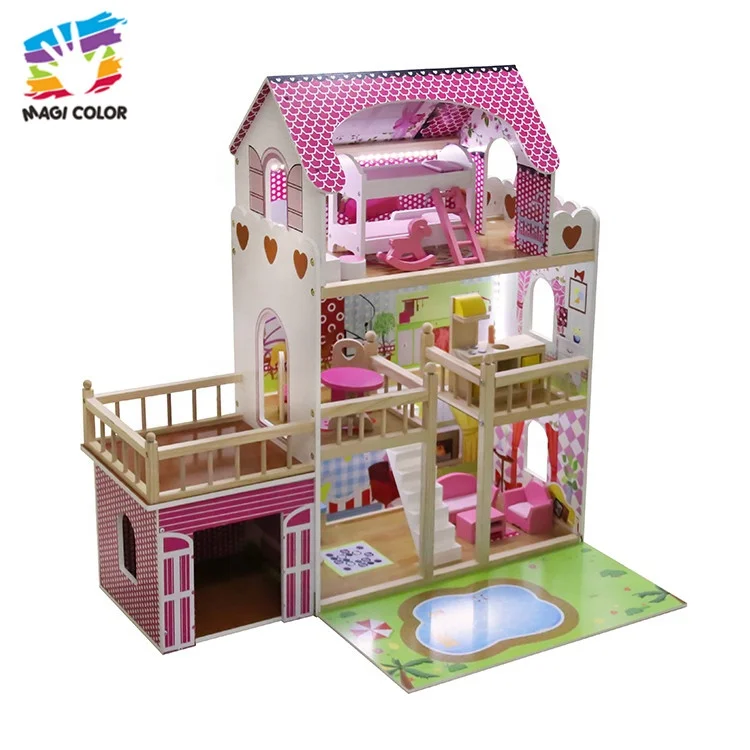 
 Готово к отправке 3 этажа освещенные деревянный кукольный домик с бассейном W06A333C  