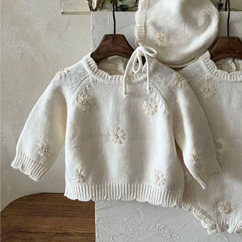 Autumn and Winter Infants' Sweaters Cute Fresh Daisy Crochet Knitwear Fashion Pure Cotton Tops for Girls Baby