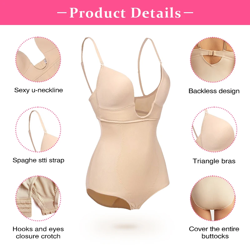 Halft Back Body Shaper with Built-in Bra Shapewear One Pieces Breathable Body Shaper Deep V-Neck Bodysuit
