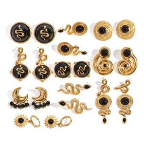 Light Luxury Vintage Unisex Stainless Steel Black Onyx 18K Gold Plated Snake Stud Earrings
