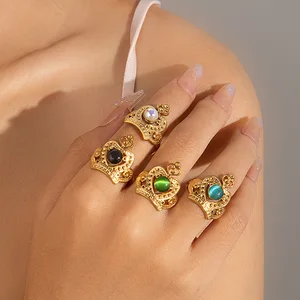 MW Wholesale Exquisite Jewelry Unisex Colored Stone Geometric Pearl Crown Open 18k Gold Plated Stainless Steel Open Ring