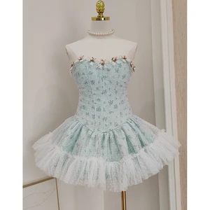 AELESEEN Factory Wholesale Sweet Ballet Princess Strapless Printed Mesh Trim Ruffled Puffy with Mesh Sexy Bow Mini Dress