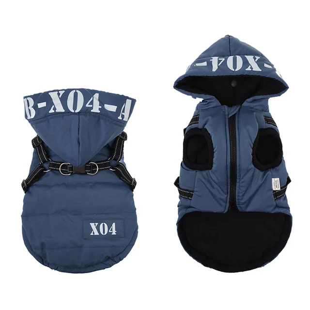 Factory Wholesale Cotton-padded Pet Warm Jacket with Hoodies Cold Weather Coat Winter Dog Clothing Vest Dog Clothes with Harness