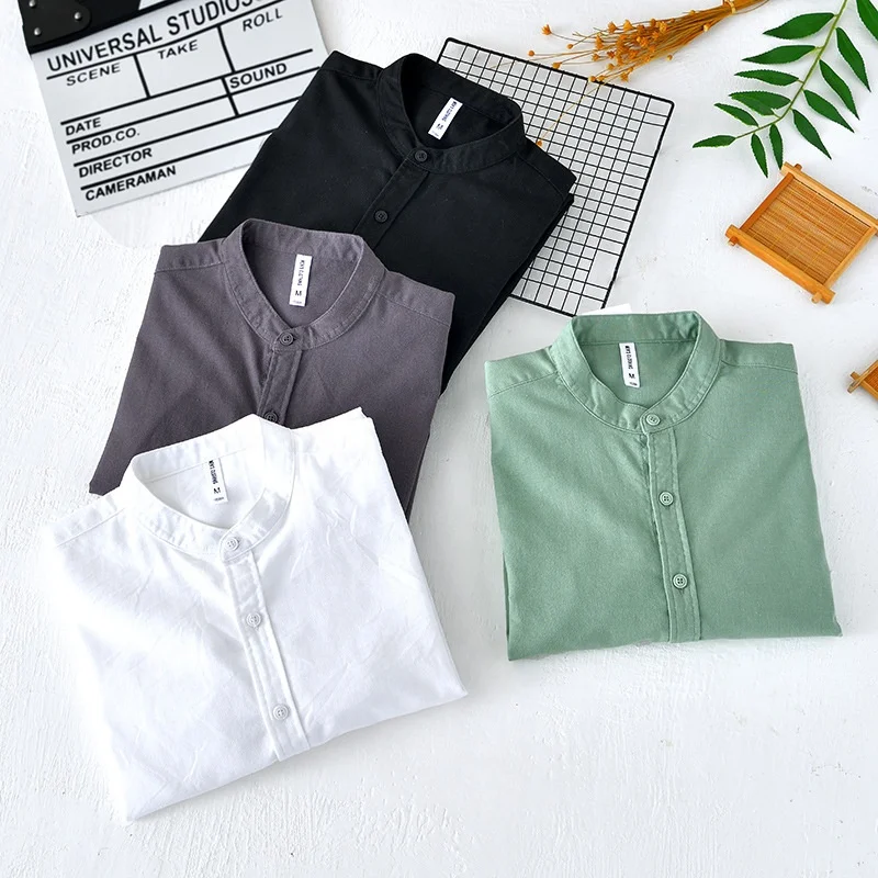 Camicie da uomo in cotone e lino con colletto rialzato primaverile ed estivo, tutte abbinabili, fresche e casual, in tinta unita alla moda252_voghion.com