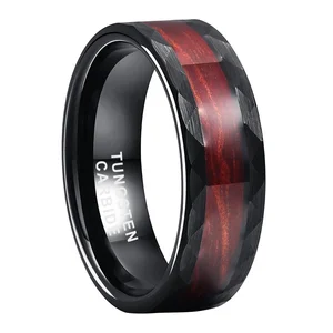 Coolstyle Jewelry 8mm Wholesale Black Hammered Tungsten Ring for Men Women Real Wood Inlay Fashion Engagement Wedding Band