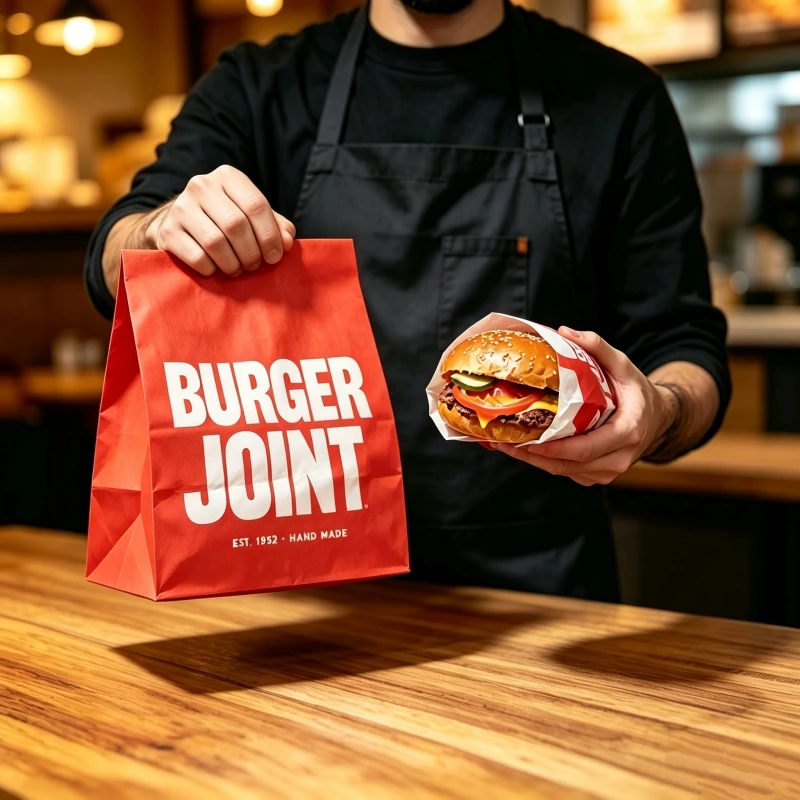 Free Design Custom Brand Kraft Paper Food to Go Bags Without Handle for Fast Food Burger Takeaway Packaging SOS Paper Bag