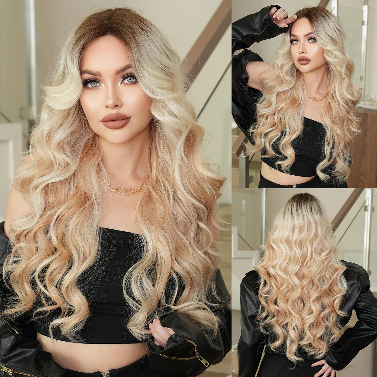 Full Lace Ombre Blonde Long Wavy Wigs for Women 28 Inch