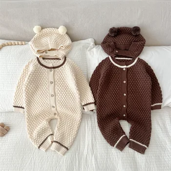 Autumn New Baby Sweater Romper Long Jumpsuit Hat for Boys Girls Cute Cotton Knitted Button Closure Baby Jumpsuits